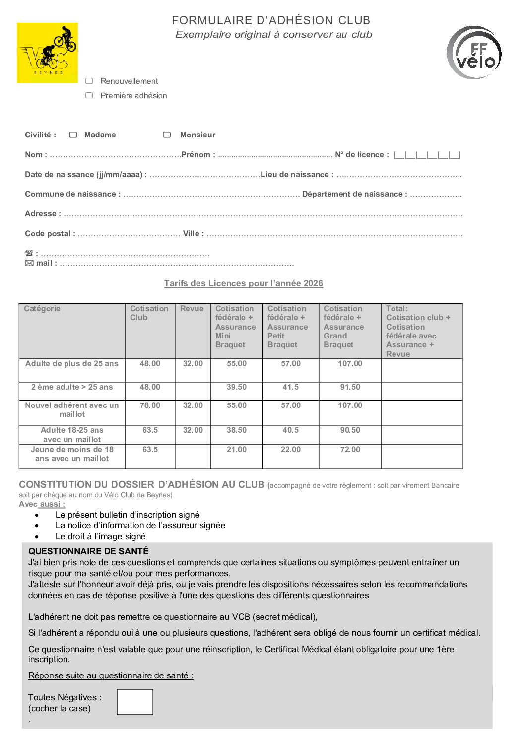 Bulletin d-adhesion VCBeynes 2026